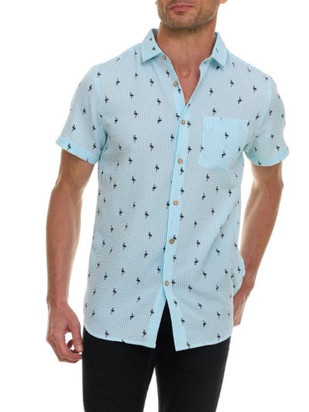 Canada Weather Gear Men's Seersucker Short Sleeve Shirt Button-Down Aqua Blue, M